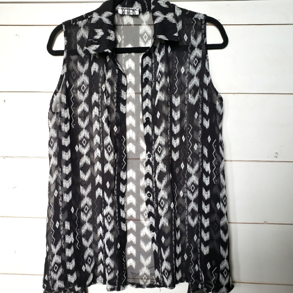 4/$20 NWD New Woman Design sheer button up flowy sleeveless shirt black white XL